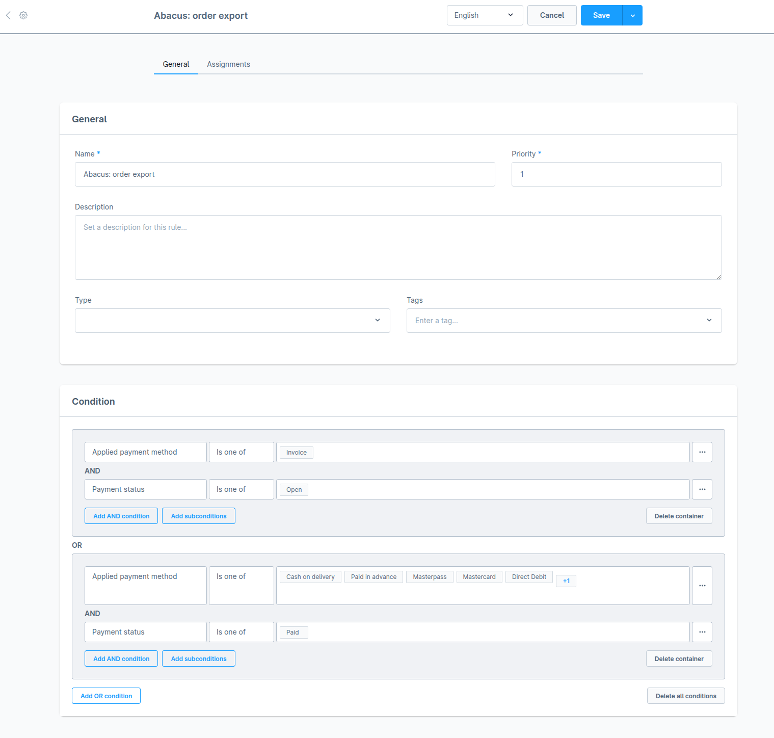 Shopware order export rule