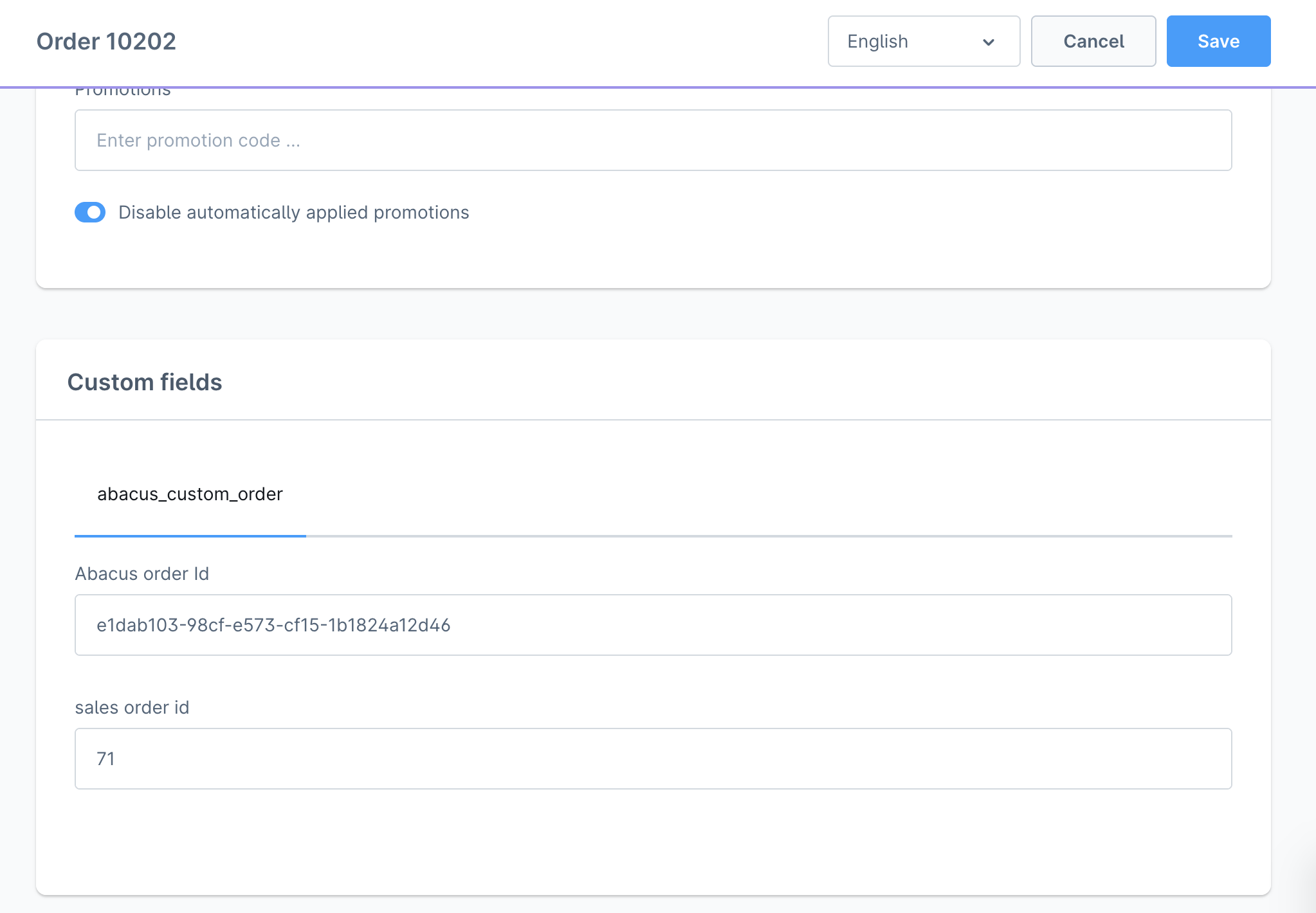 Abacus-Bestell-Verknüpfung Custom Fields