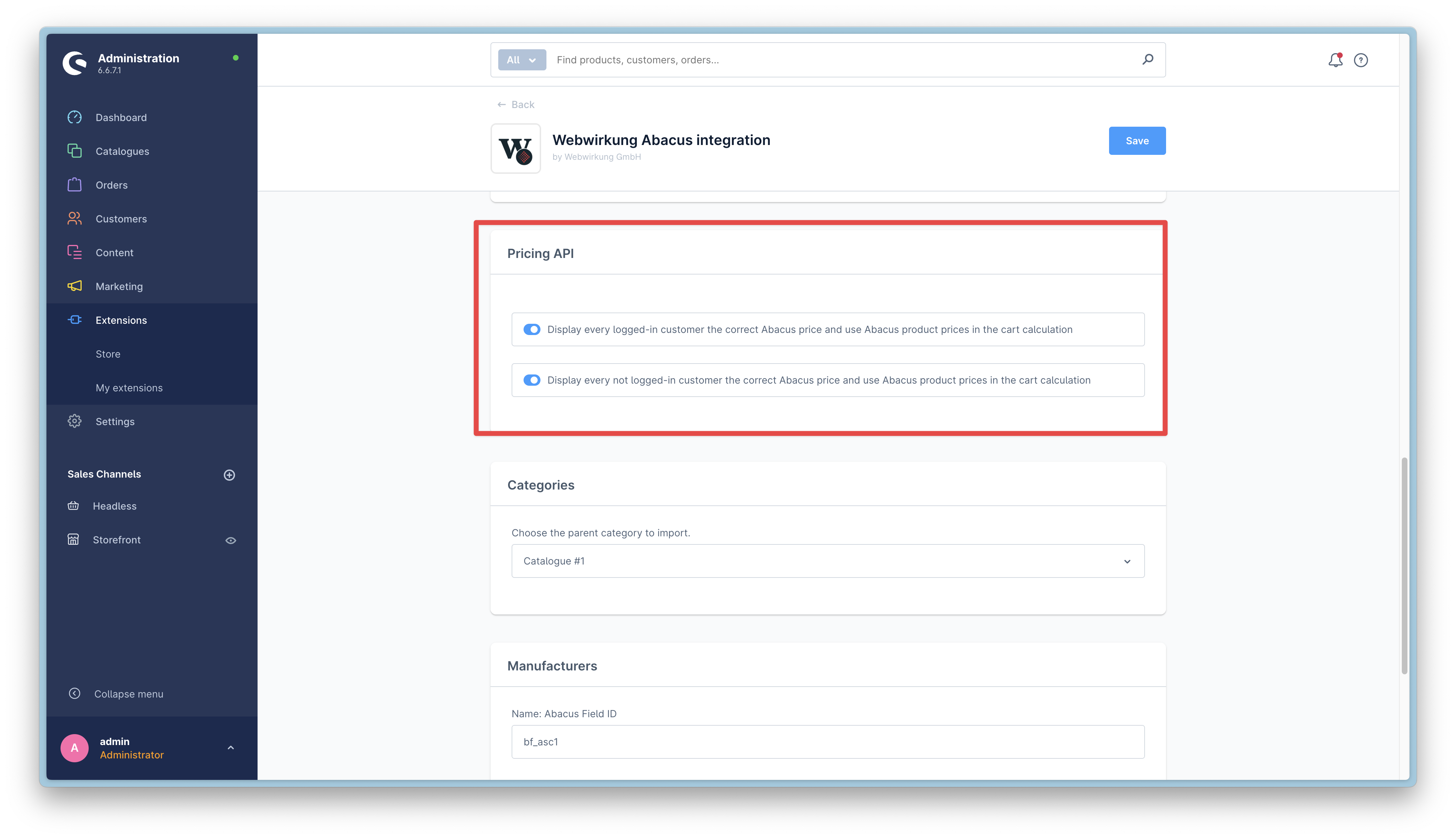 Pricing API configuration